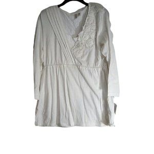 Madison Top Sz L White Floral Embellished V Neckline Gathered Waist